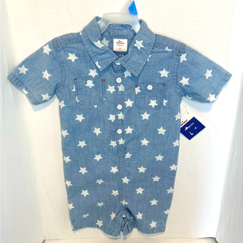 NWT - Denim Patriotic Stars Boys Romper - 24M
